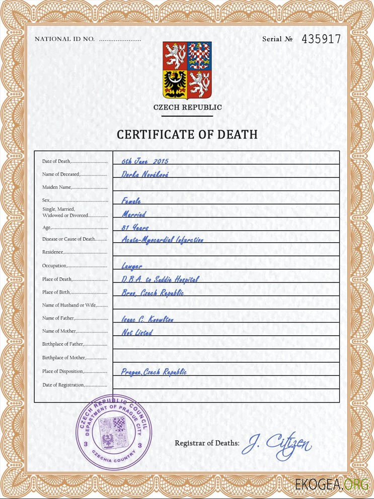 Modèle PSD de certificat de décès en Tchéquie